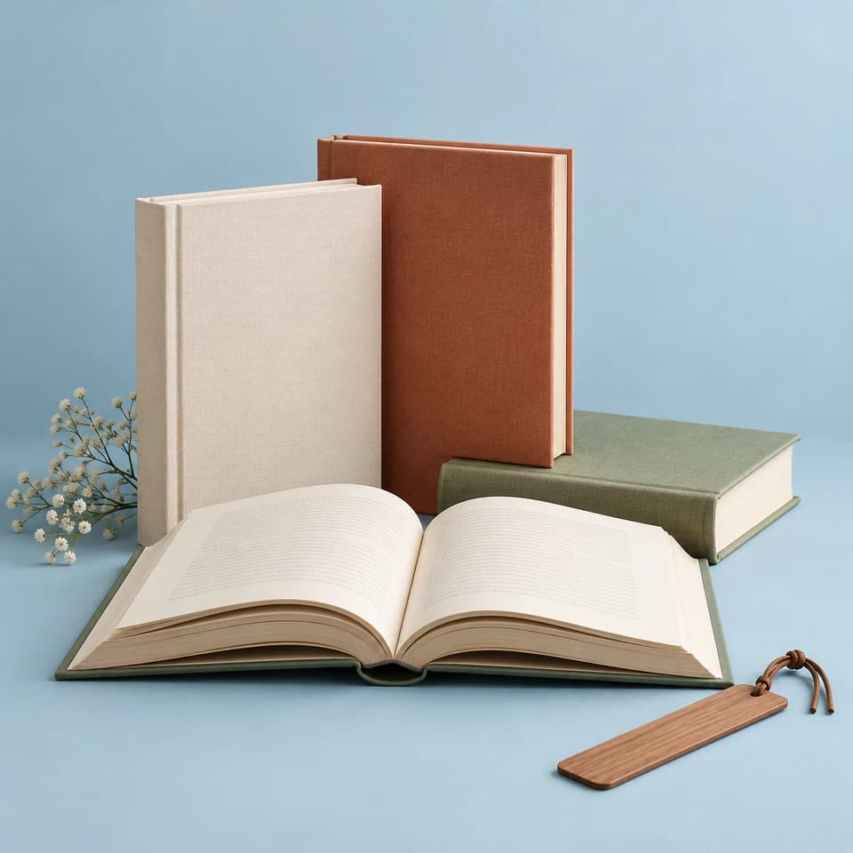 Clothbound books, an open book and a wooden bookmark