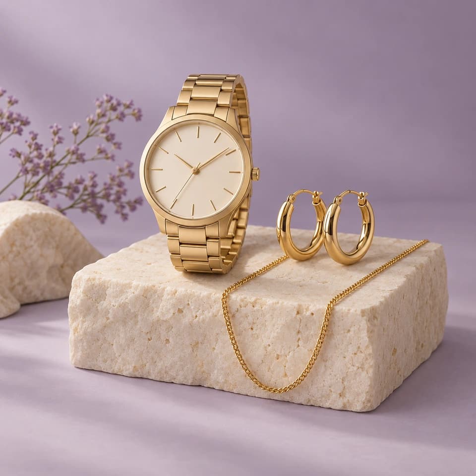 A gold watch, hoop earrings and a fine chain on a stone display