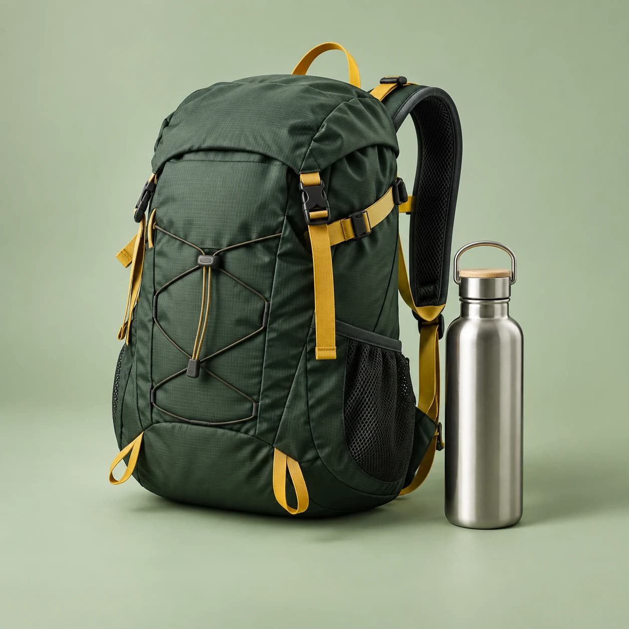 A green backpack and water bottle