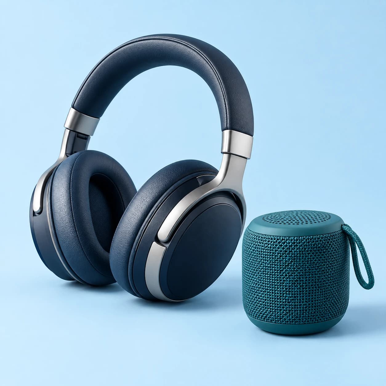 Navy headphones and a teal portable speaker